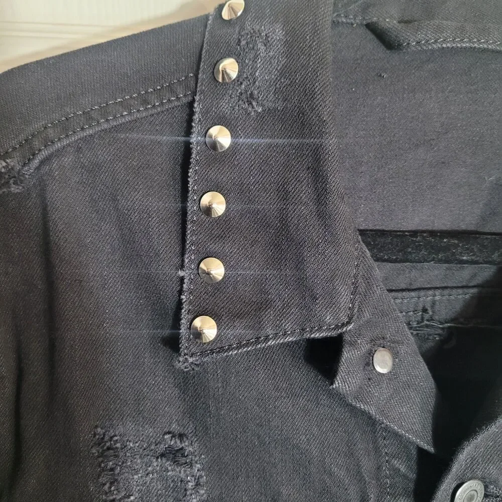 Keiser Clark Studded Distressed Denim Jacket Mens Size Medium Black Goth Graphic